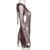 Leopard Print Backless Dress Women Long Sleeve Mesh Dress Sexy Club Dress Lingerie