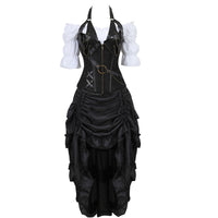 Steampunk Dress Synthetic Leather Corset Pirate Costume Woman Burlesque Three-Piece Front High and Low Irregular Corset Skirt