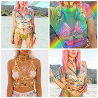 Laser Body Harness Garter Adjustable Choker PU Faux Leather Holographic Hollow Out Cover Up Crop Top Clubwear Lady Hot Garters