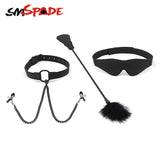 Open Mouth Ring Gag Leather Blindfold and Feather Tickler Black For Play