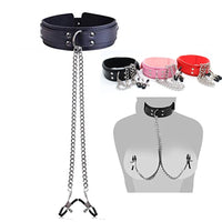 Leather Choker Collar With Nipple Breast Clamp Chain - Ships From US
