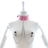 Leather Choker Collar With Nipple Breast Clamp Chain - Ships From US