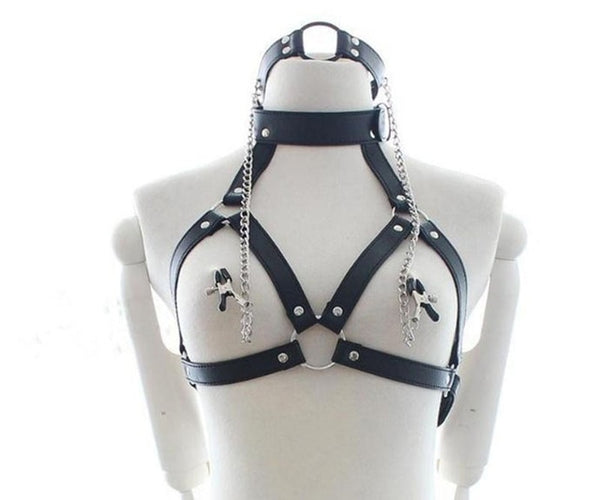 3 in 1 Bondage Set, Mouth Ring Gag ,Nipple Clamps, Leather Cupless Bra Restraint