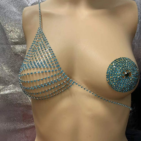 Rhinestone Single Half One Bra Body Chest Chain Nipple Stickers Pasties for Women Crystal Body Chain Bra Waist Body Jewelry