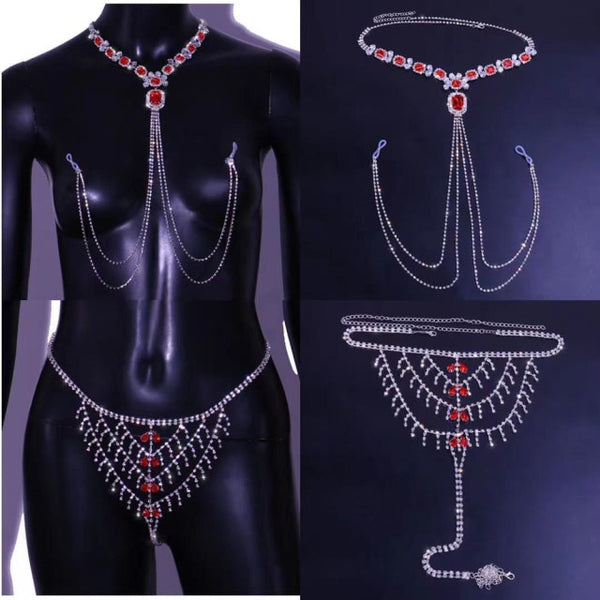 Luxury Crystal Red Tassel Underwear Thong Panties Bikini Waist Chain for Women Bling Rhinestone Sexy Nipple Chain Body Jewelry